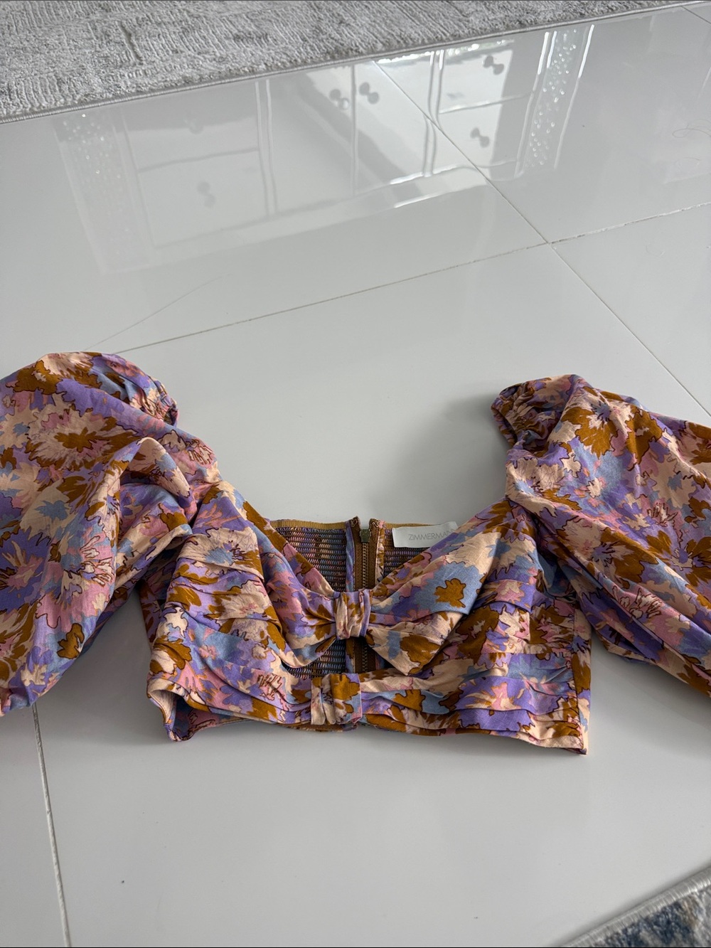 Zimmerman Floral Puff Sleeve Crop Top in Lavender and Pink